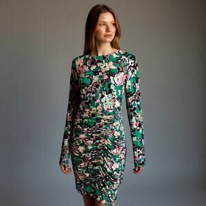 A.L.C. Ruched Floral Bodycon Dress Women's Medium Green Long Sleeve Stretch Midi